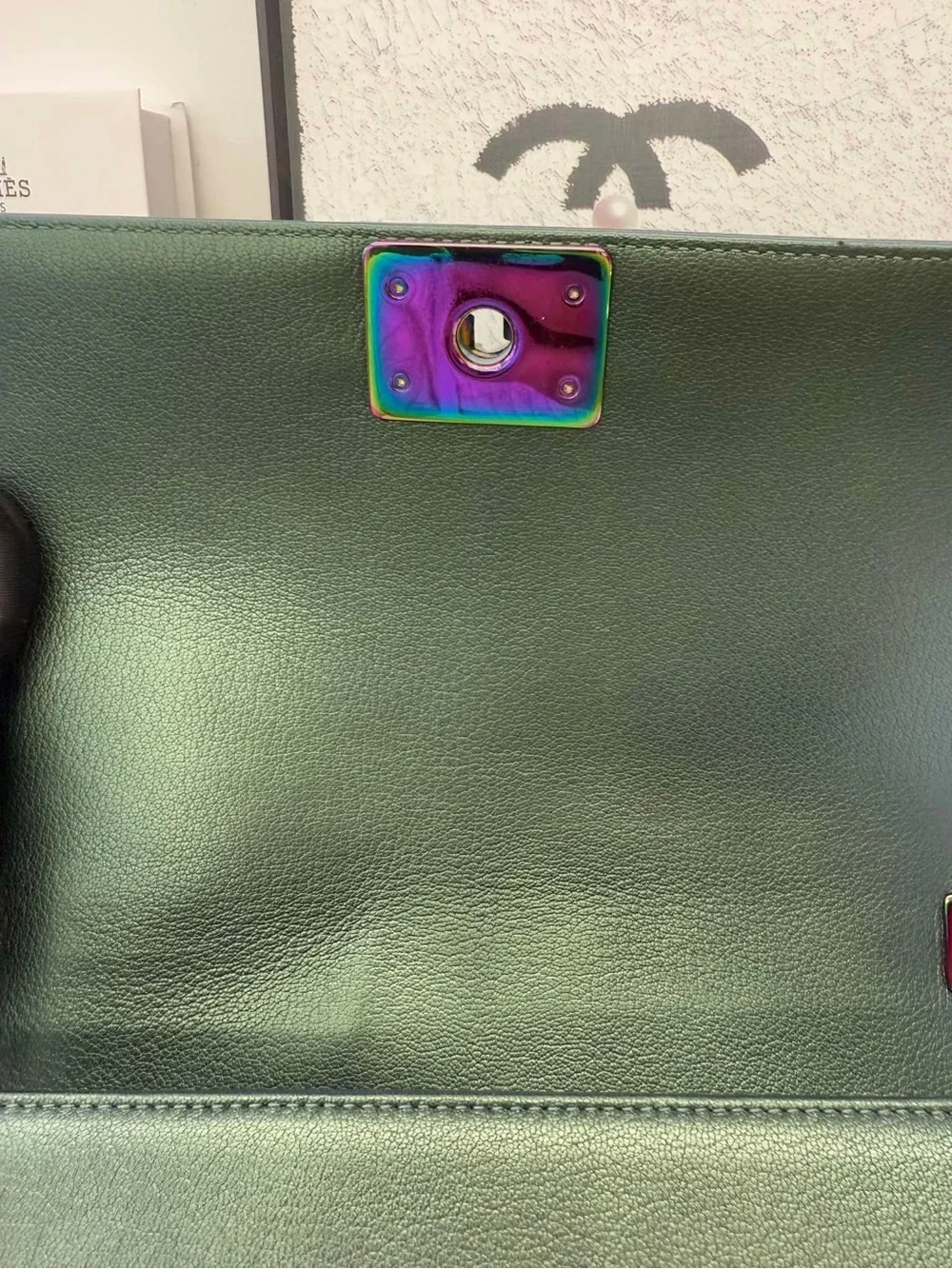 CHANEL LeBoy Iridescent Green Quilted Goatskin Flap Bag with Multicolor Hardware